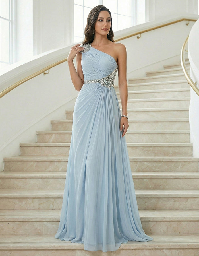 Light Blue Chiffon One Shoulder Sequins Maxi Dress