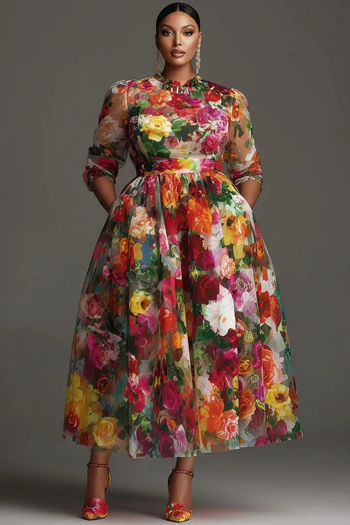 Cocktail Party Multicolor Floral Round Neck Long Sleeve Pocket Chiffon Midi Dresses