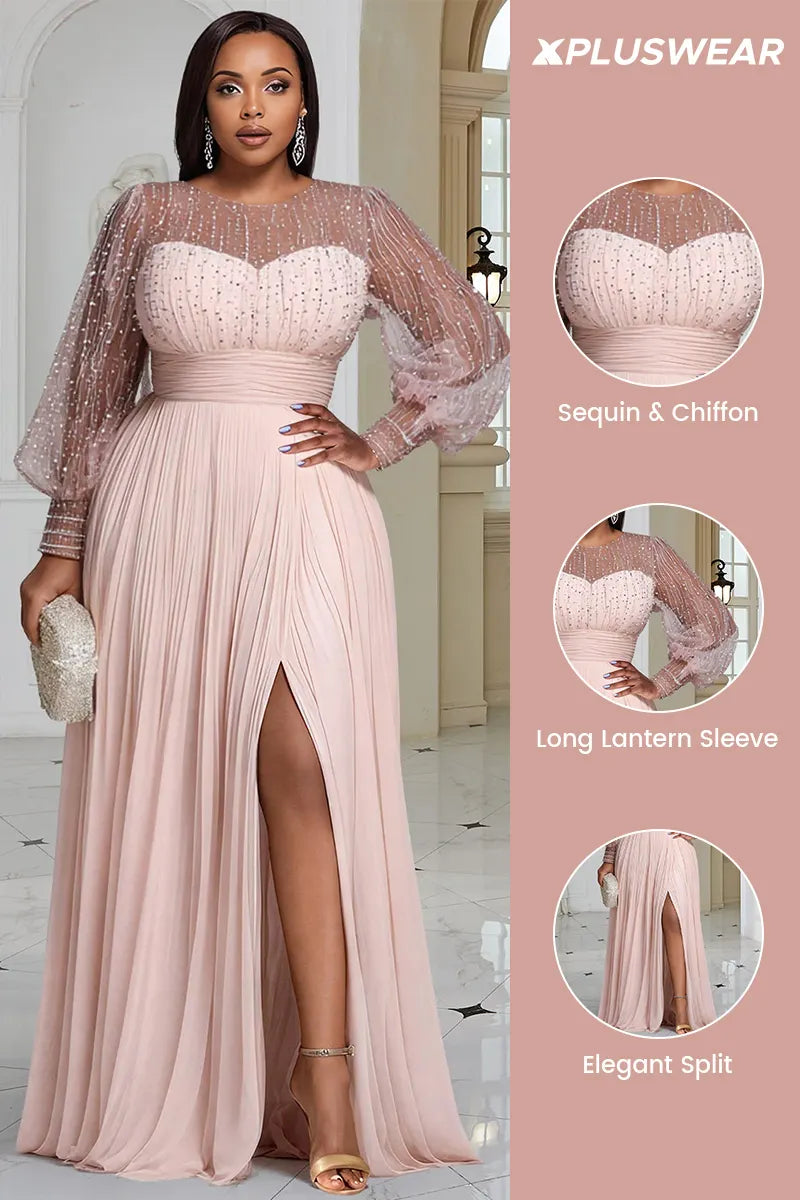 Black Round Neck Long Sleeve Split Elegant See Through Sequin Chiffon Maxi Dresses