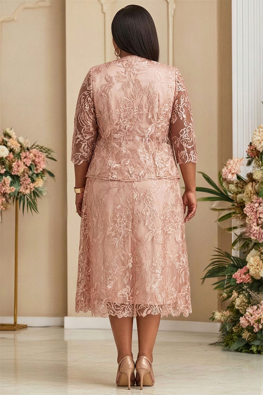 Pink Round Neck Half Sleeve See Through Lace Two Piece Dress Set