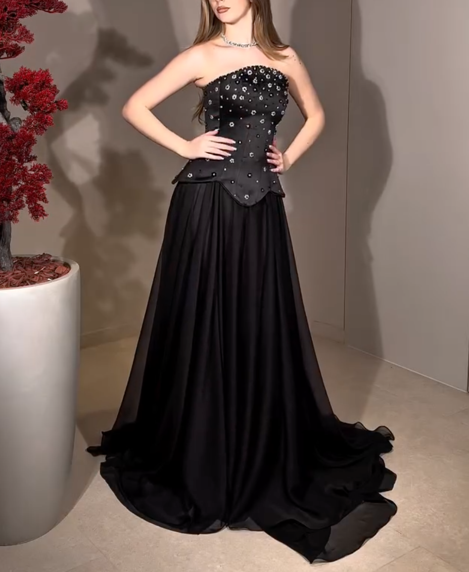 Black Strapless Maxi Dress with Floral Beading & Peplum Bodice