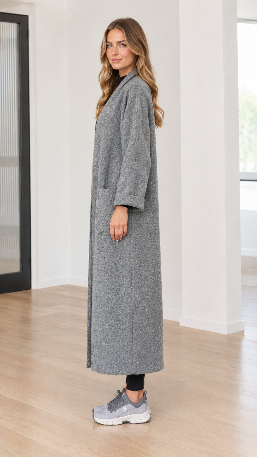 Women's Textured Bouclé Long Open Front Duster Coat with Pockets