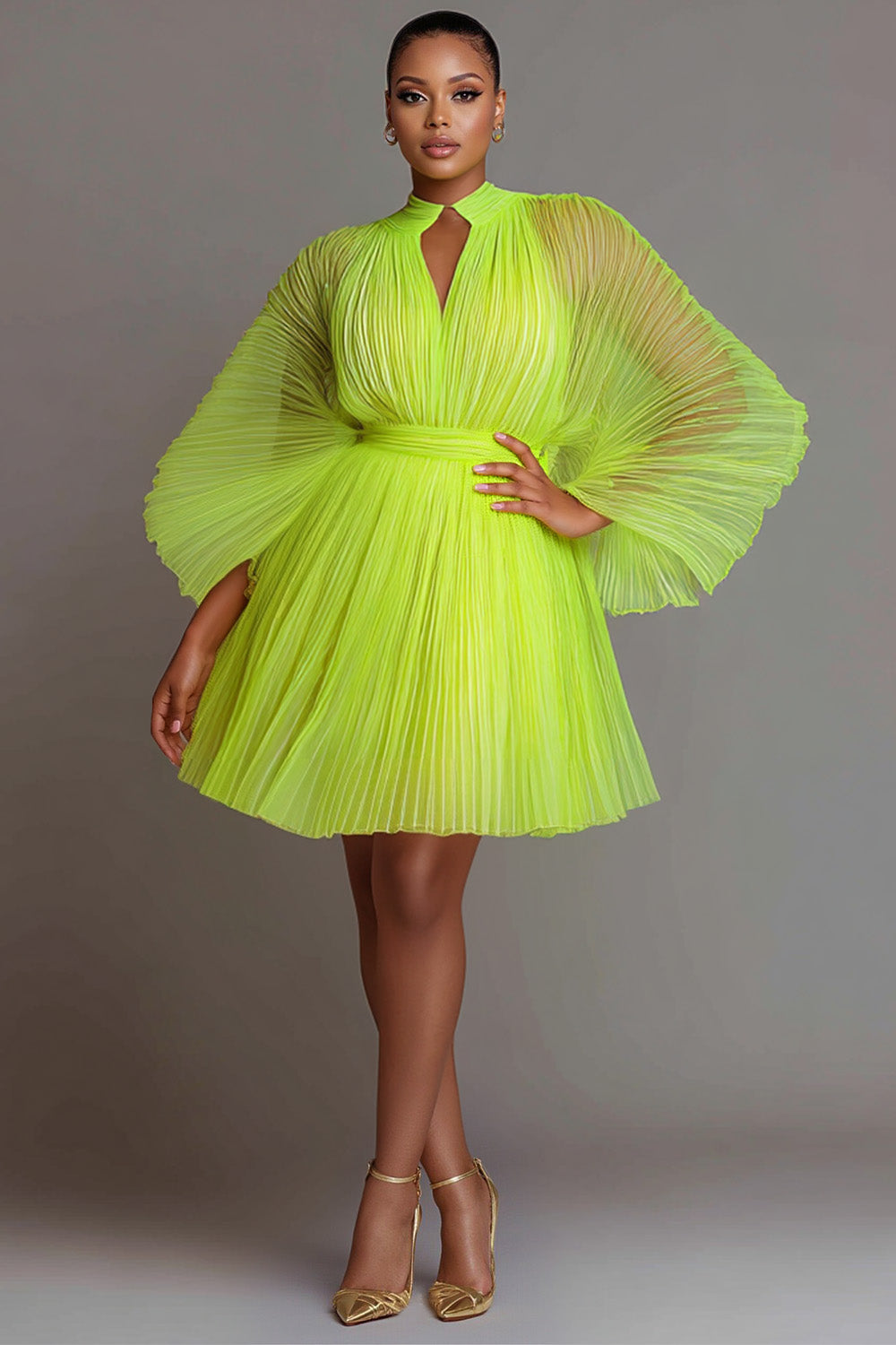 Party Fluorescent Green Stand-Up Collar Lantern Sleeve Long Sleeve Pleated See Through Tulle Mini Dresses