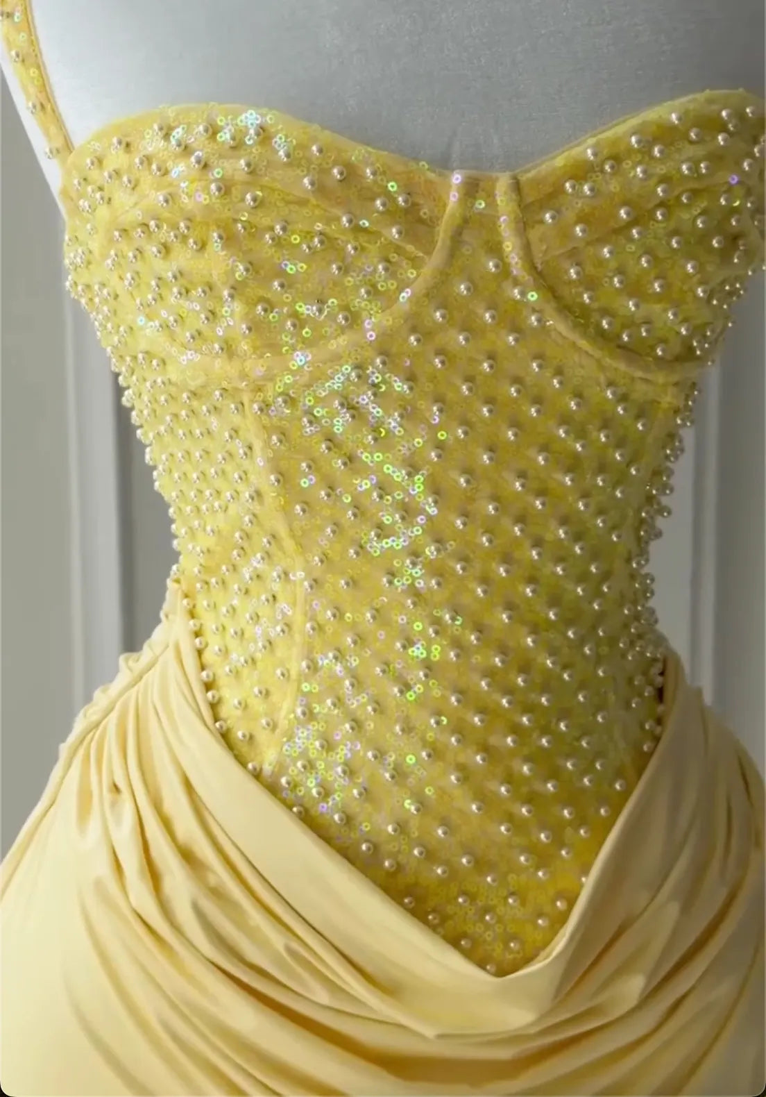 2-Color Pearl & Sequin Corset Mini Dresses - Yellow / White Formal Cocktail Gowns