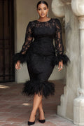 Cocktail Party Black Round Neck Long Sleeve Feather Elegant Bodycon Lace Midi Dresses