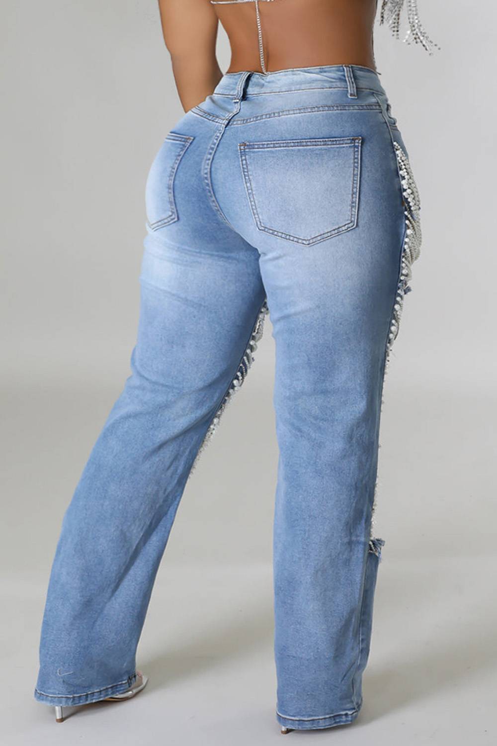 Plus Size Daily Jeans Casual Blue   Pearls Denim Jeans