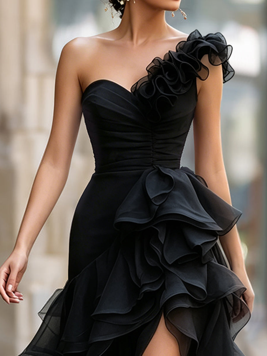 Black One-Shoulder Tulle Ruffle High-Slit Gown – Romantic Evening Statement Dress