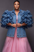 Xpluswear Design Plus Size Party Tulle Blue Shirt Collar Short Sleeve Ruffle Contrast Denim Jacket