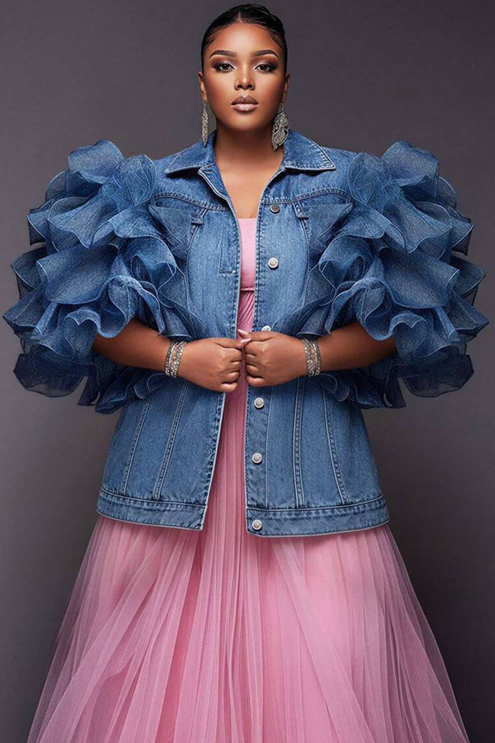 Xpluswear Design Plus Size Party Tulle Blue Shirt Collar Short Sleeve Ruffle Contrast Denim Jacket