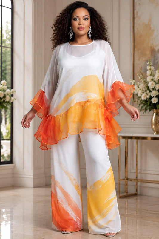 Business Casual White Colorblock Round Neck Flare 3/4 Sleeve Pocket Ruffle Two Piece Pant Sets [Pre-Order]