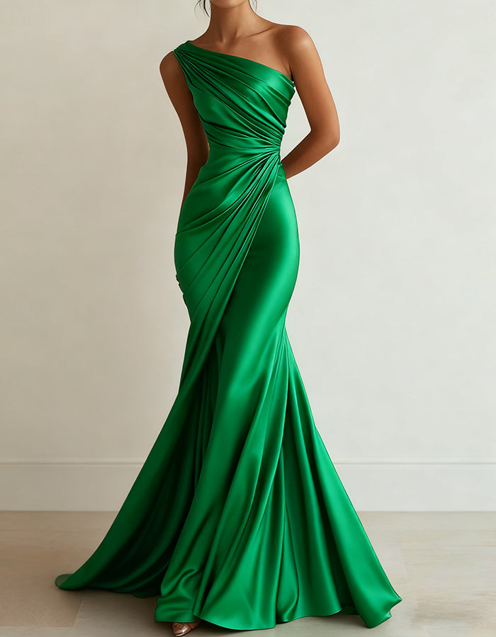 One-shoulder Stretch Satin Pleats Maxi Dress