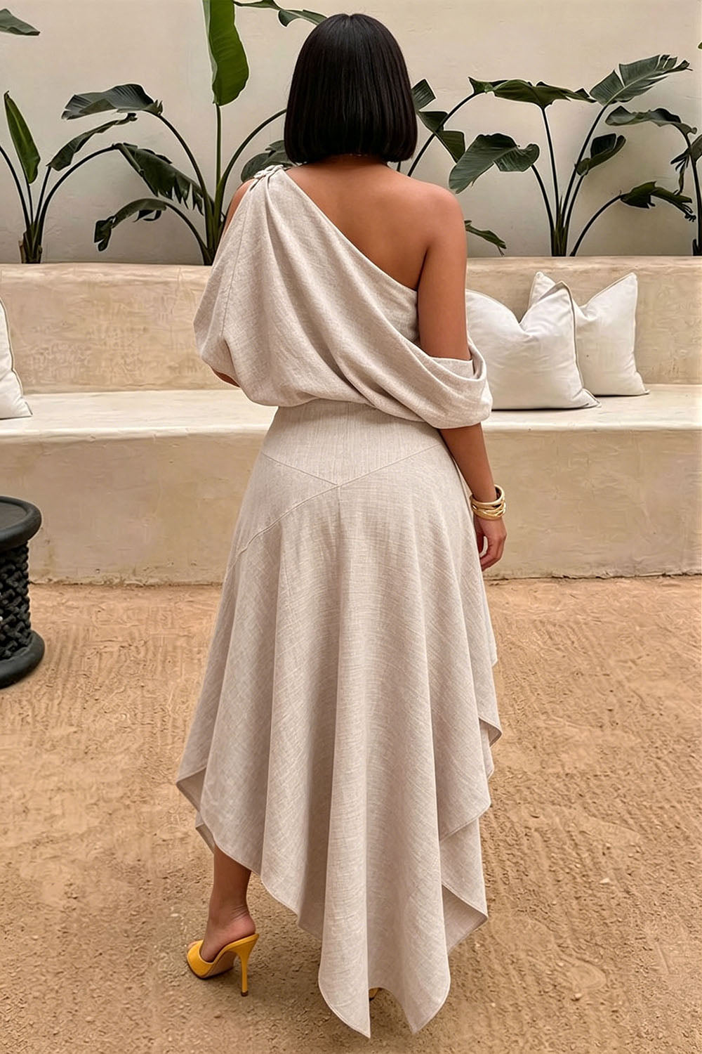 One-Shoulder Cotton Linen Ruffled Irregular Maxi Dresses-Beige