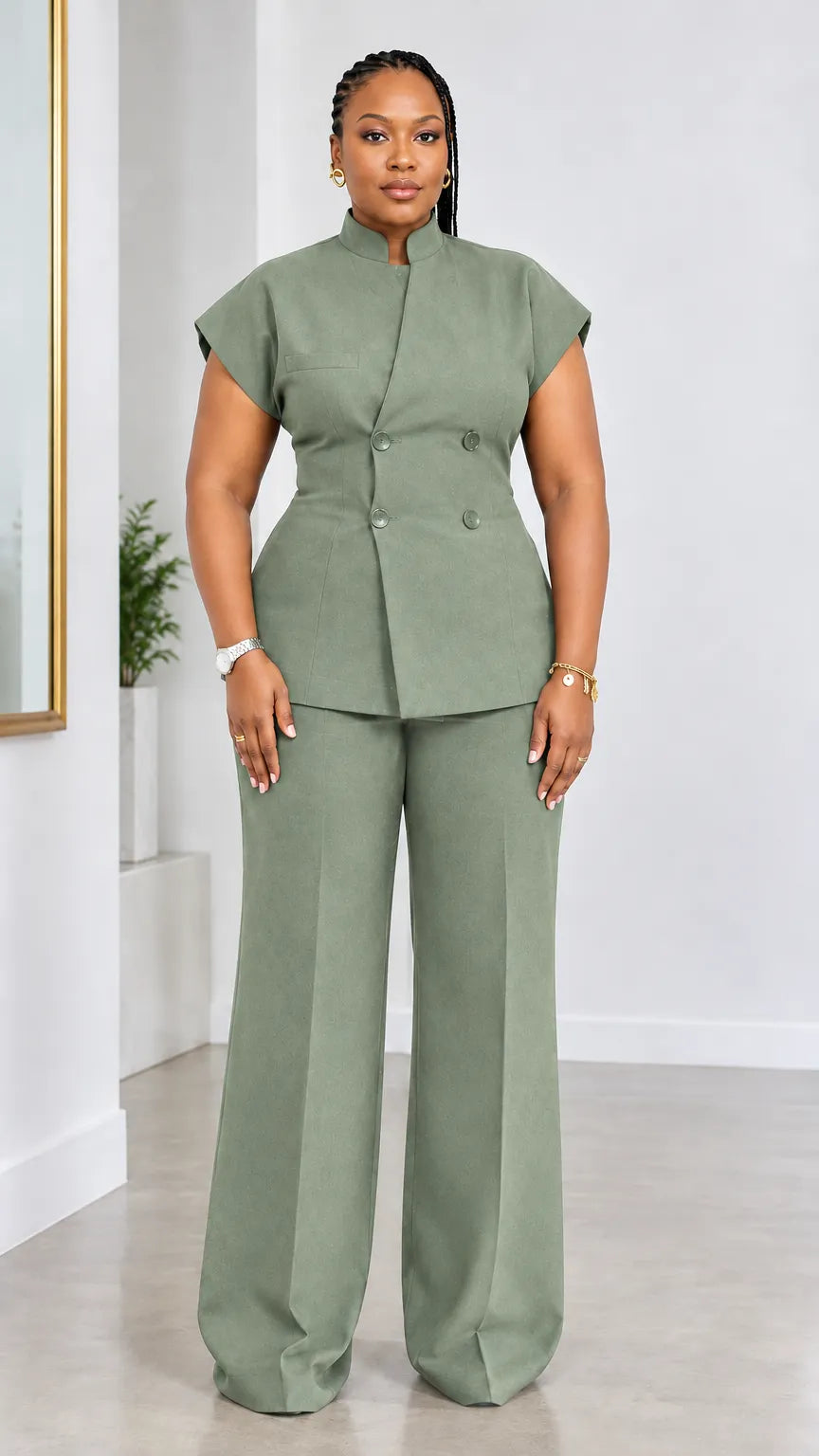 Women's Stand Collar Short Sleeve Double-Breasted Top and Wide-Leg Pants Two-Piece Suit Set