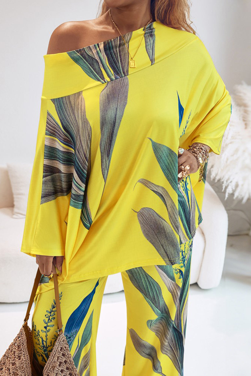 Plus Size Vacation Yellow Tropical Print Off The Shoulder Pocket Casual Two Piece Pant Sets