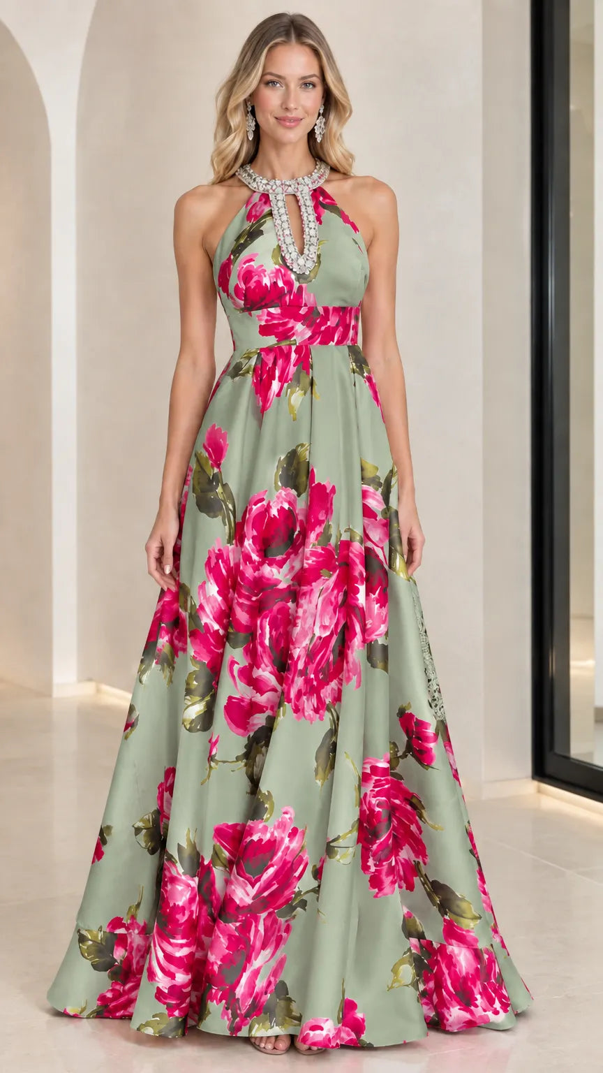 Floral Print Rhinestone Halter Neck A-Line Maxi Evening Gown