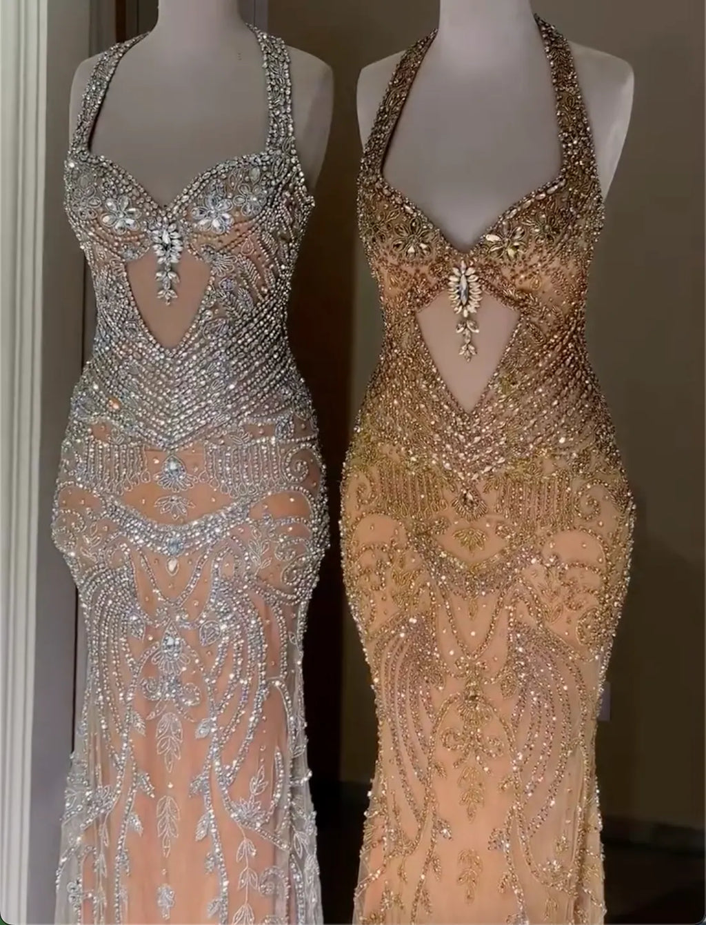 Nude Mesh Halter Neck Mermaid Evening Gown Set - Crystal Beaded Formal Dresses in 2 Colorways