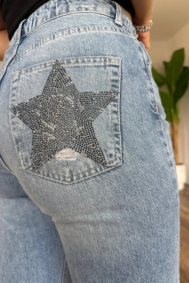 Women's Casual Loose Denim Pants with All-Over Sparkly Star Print