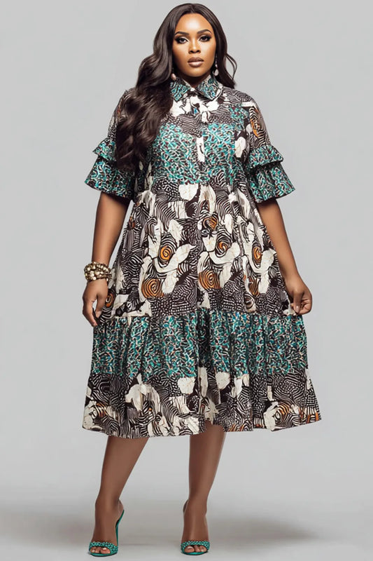 Business Casual Multicolor African Print Shirt Collar Short Sleeve Pocket Ruffle Midi Dresses