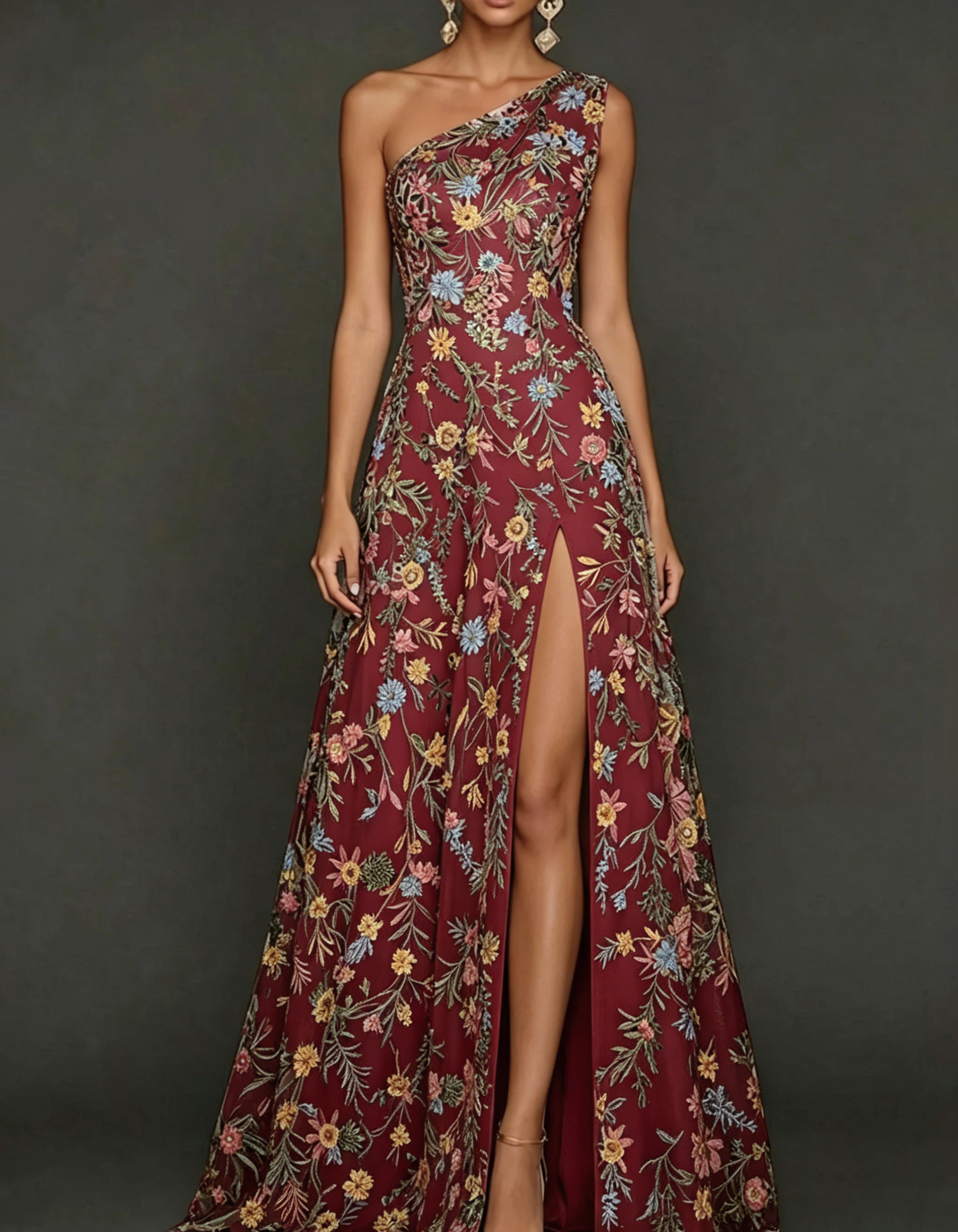 Chiffon Lace Embroidered One Shoulder Fitted Waist Maxi Dress