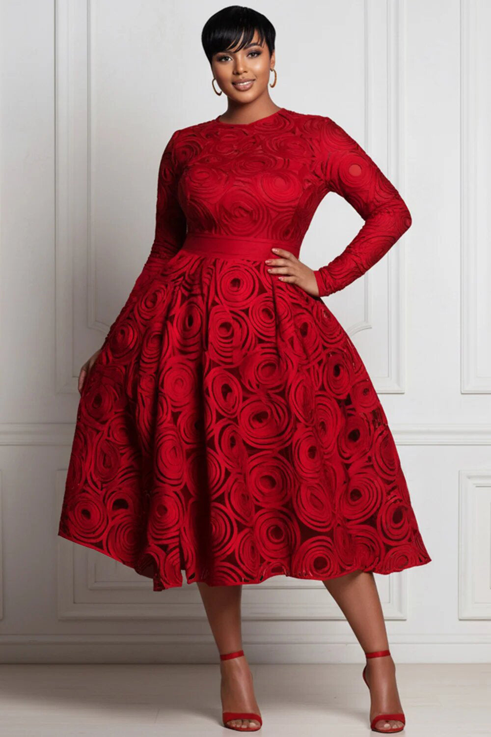 Red All Over Print Round Neck Long Sleeve Pocket Elegant Satin Midi Dresses