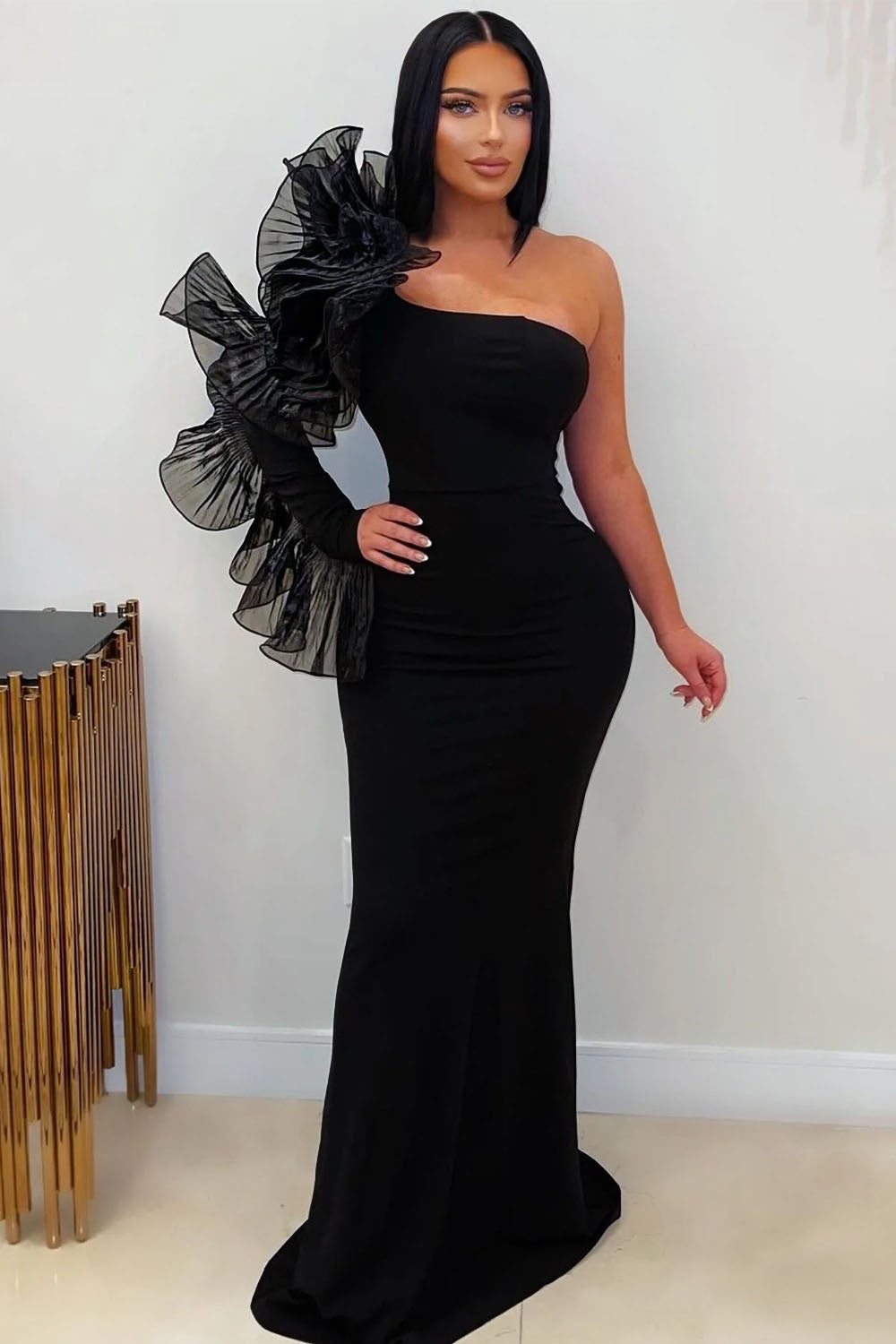 One Shoulder Ruffled Long Sleeve Mermaid Evening Gowns Maxi Dresses-Black