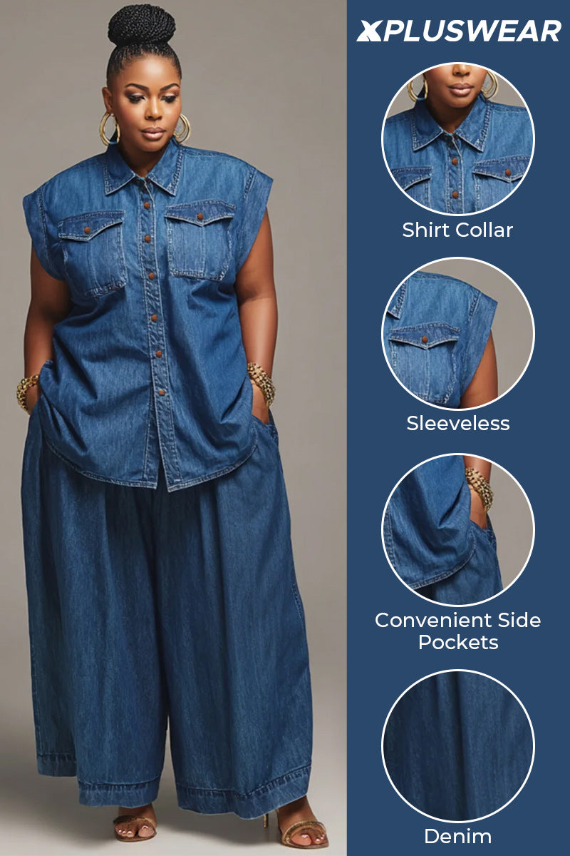 Xpluswear Design Plus Size Business Casual Blue Shirt Collar Pocket Denim Two Piece Pant Sets