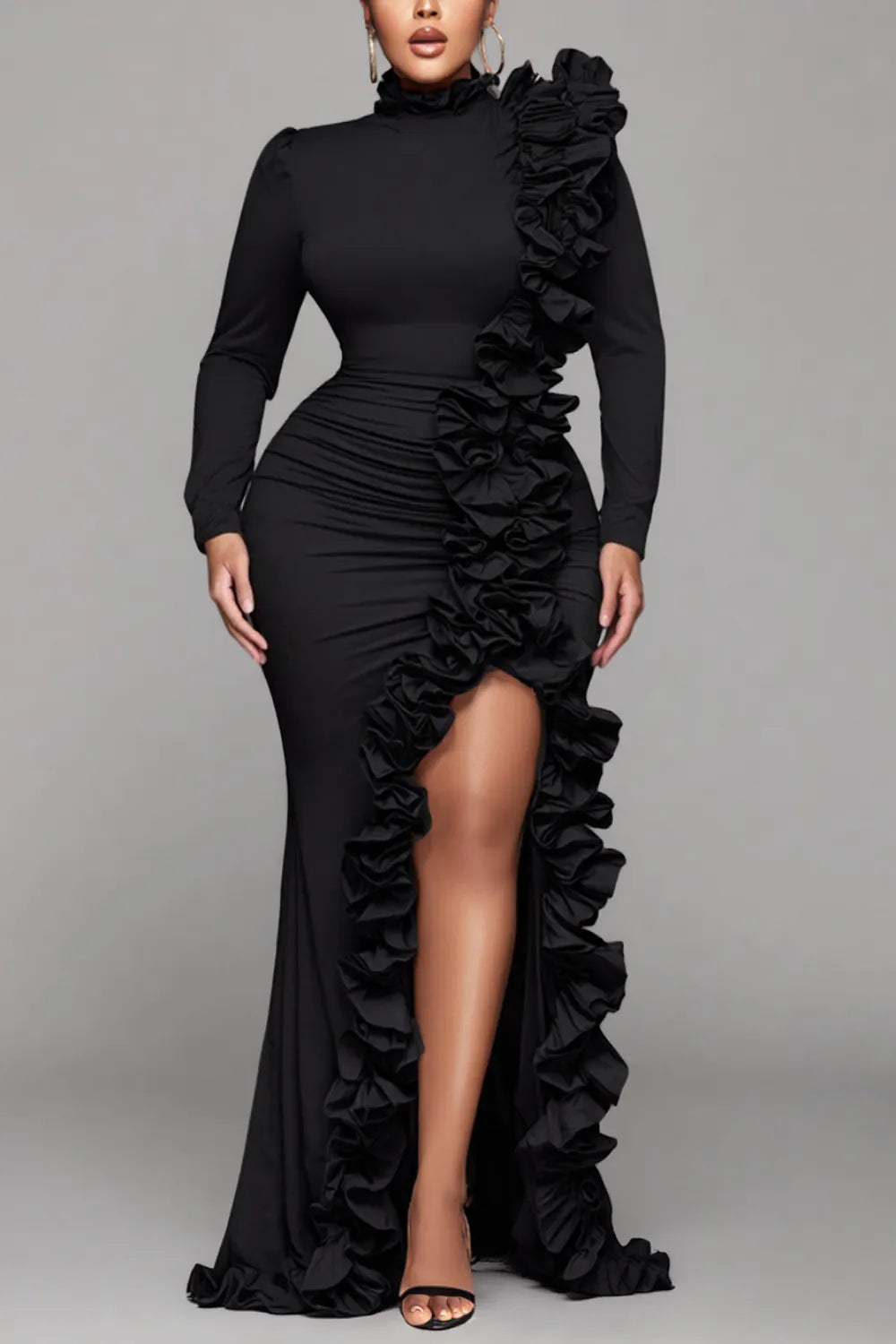 Black Round Neck Long Sleeve Split Elegant Ruffle 3D Satin Maxi Dresses