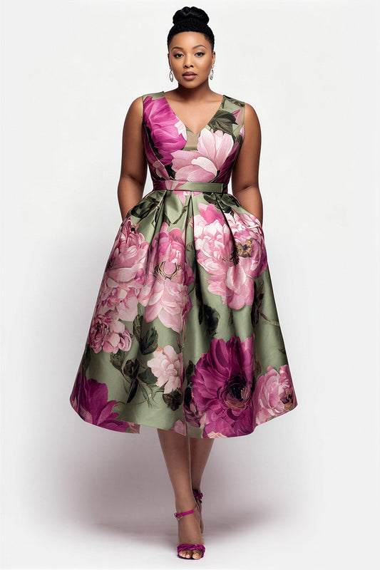 Cocktail Party Multicolor Floral V Neck Pocket Satin Midi Dresses