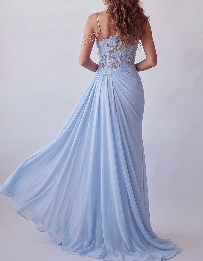Sky Blue 3D Floral Lace Asymmetric Crystal Strap Draped Chiffon Maxi Dress