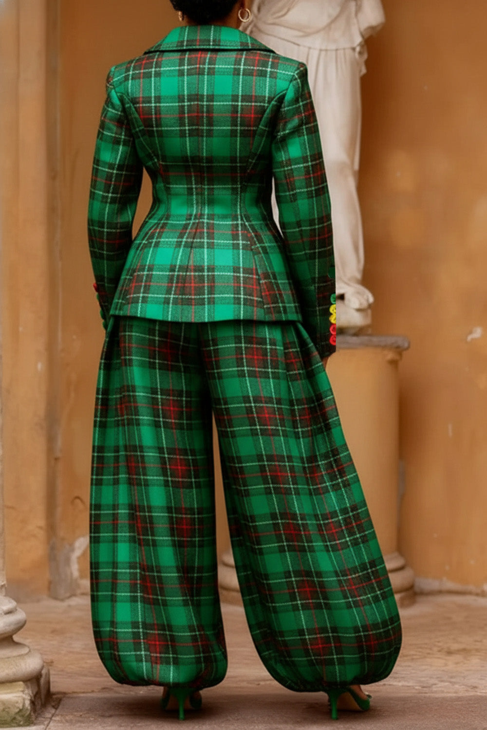 Christmas Green Plaid Turndown Collar Long Sleeve Pocket Elegant Jogging Two Piece Pant Sets