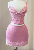 Lace Sequin Crop Cami & Mini Skirt Two Piece Set, Satin Lingerie Style Party Club Matching Outfit (Yellow/Pink)