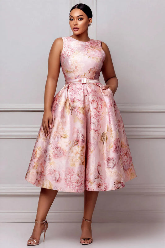 Wedding Guest Elegant Pink Floral Round Neck Pocket Satin Midi Dresses