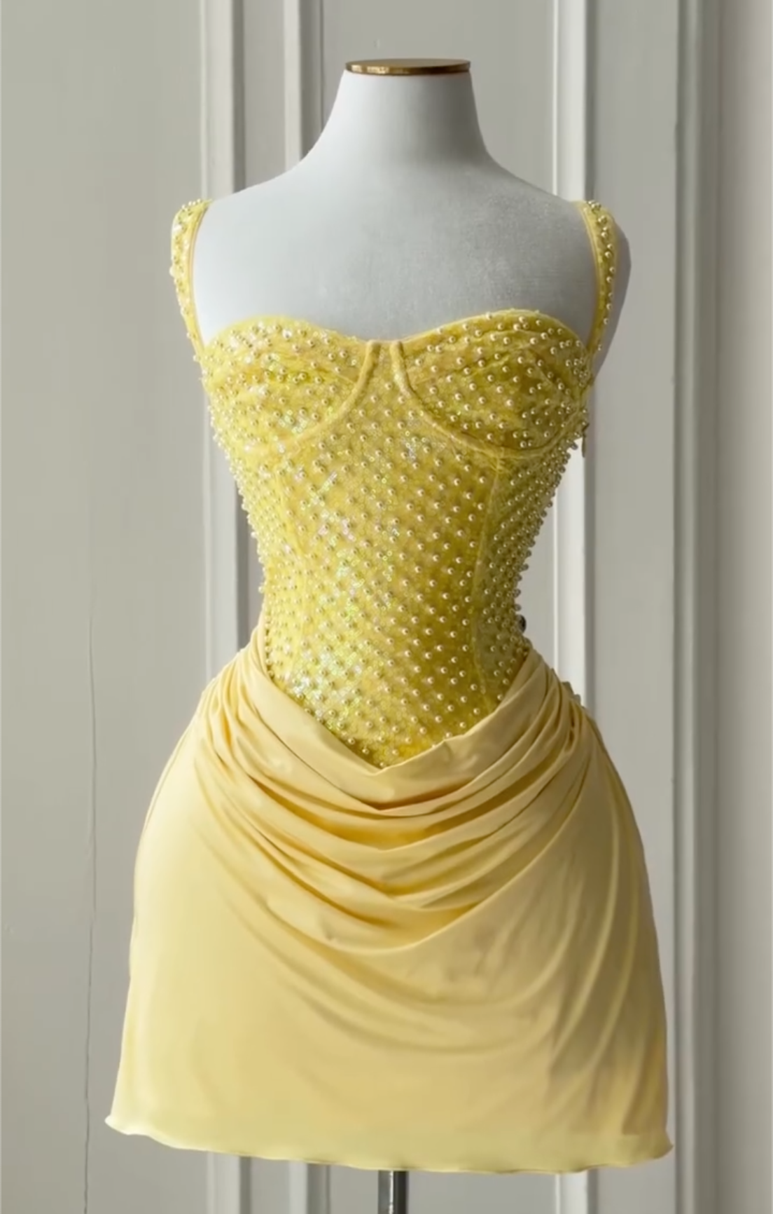 2-Color Pearl & Sequin Corset Mini Dresses - Yellow / White Formal Cocktail Gowns