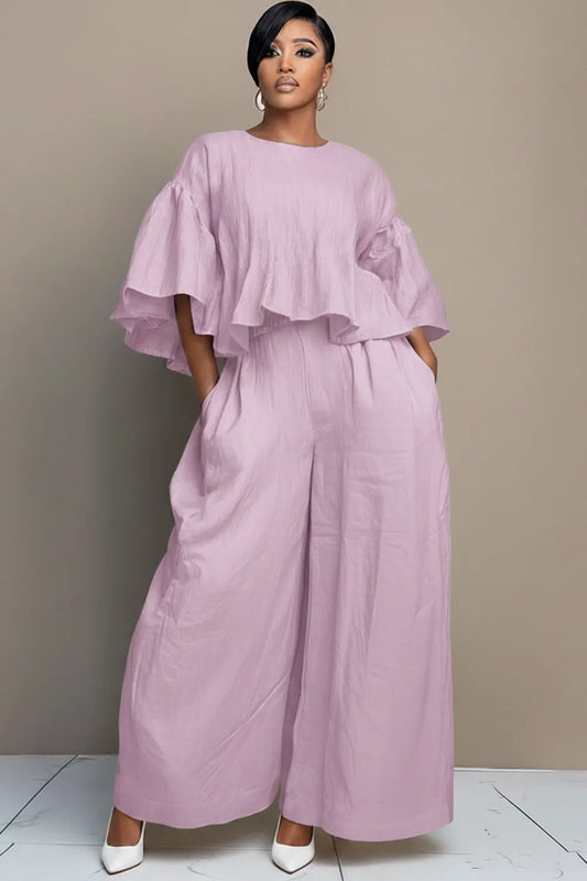 Business Casual Purple Round Neck Half Sleeve Pocket Wide Leg Linen Two Piece Pant Sets