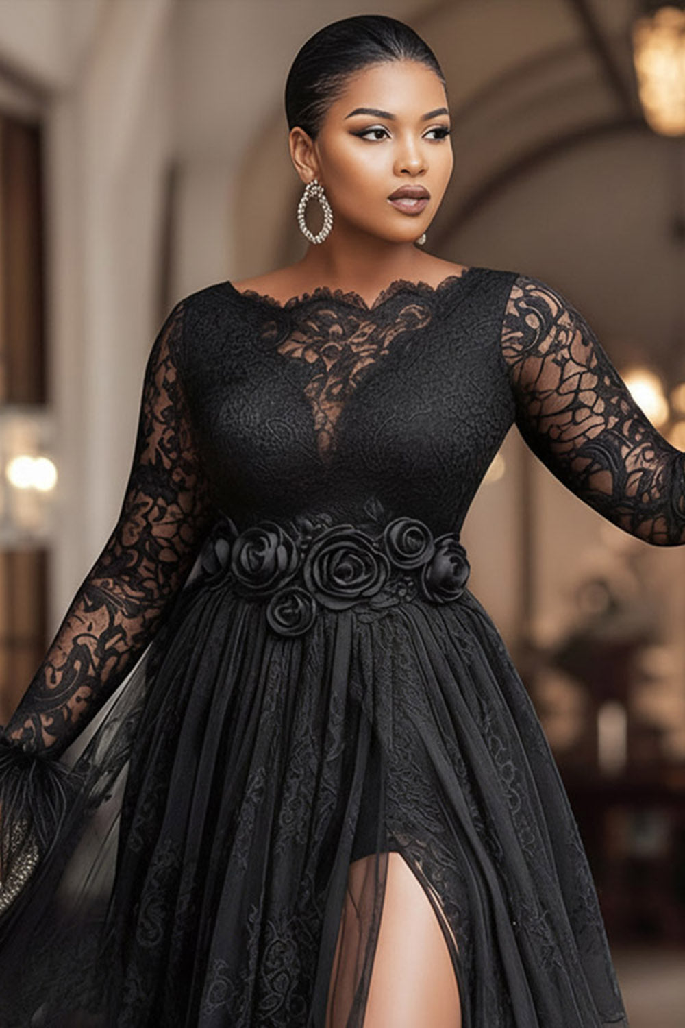 Black Boat Neck Long Sleeve 3D Elegant Feather Lace Maxi Dresses