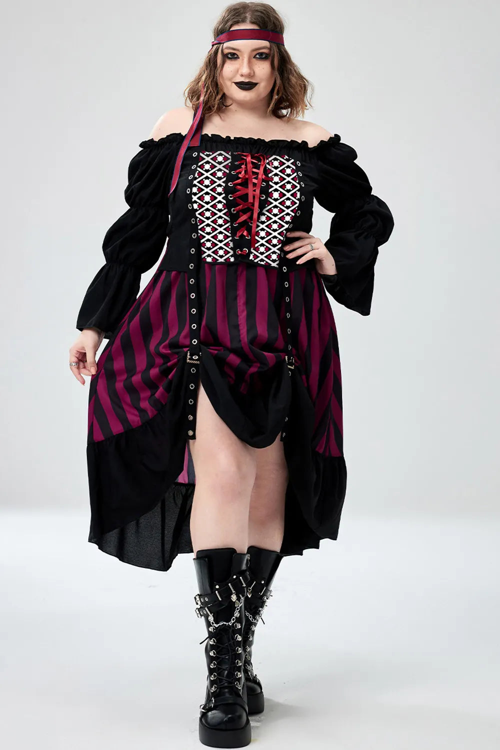 Halloween Costume Cosplay Black Off The Shoulder Lace Up Midi Dress(Ships 24h)