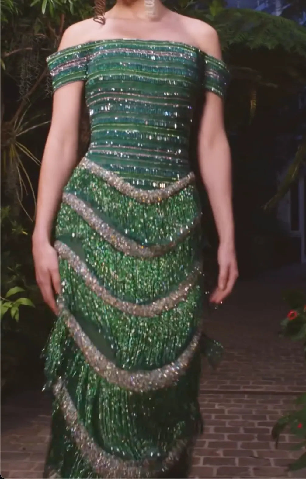 Emerald Green Off-the-Shoulder Fringe Maxi Dress with Crystal Trim