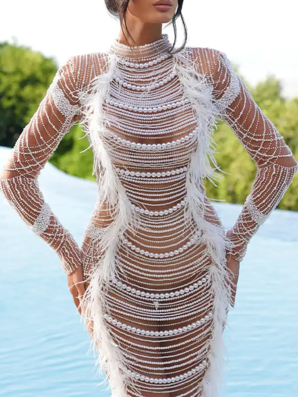 White Pearl & Feather Embellished Maxi Dress