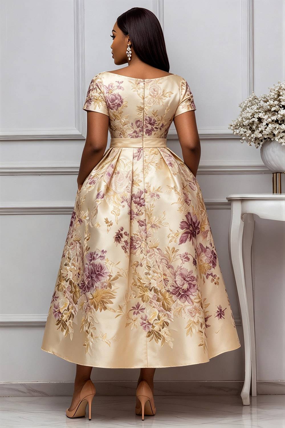 Wedding Guest Elegant Champagne Floral Short Sleeve Pocket Satin Midi Dresses
