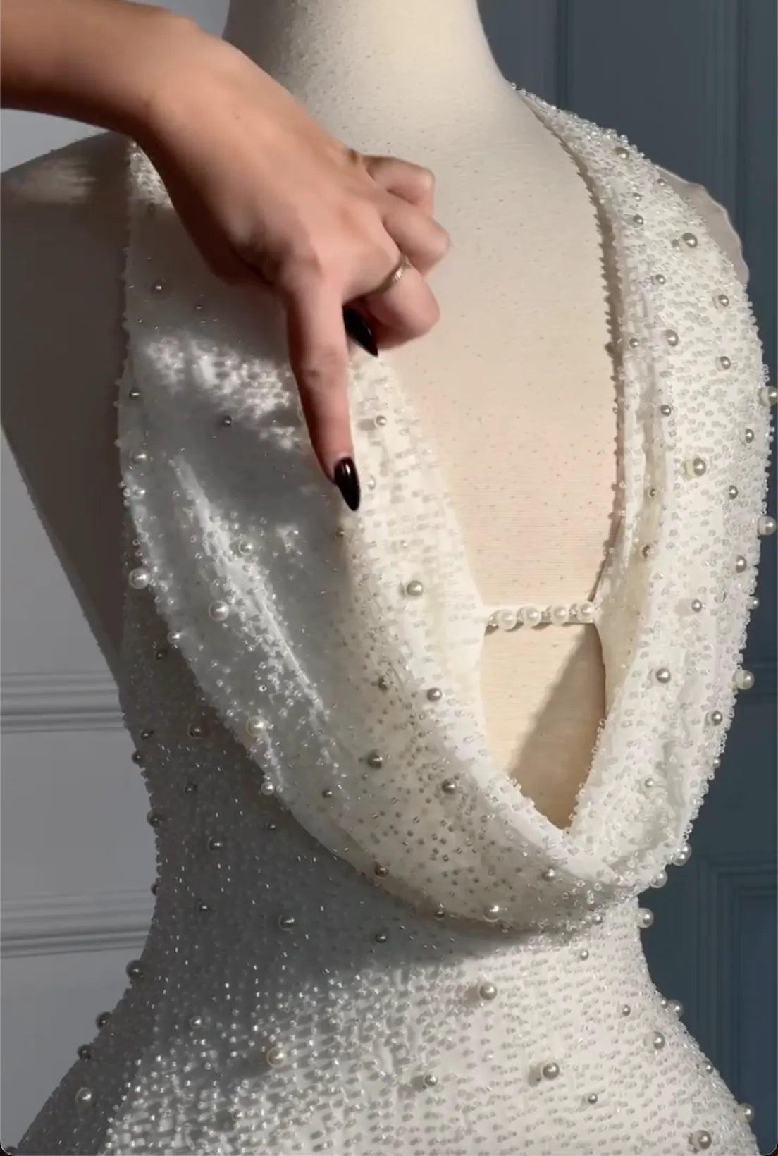 White Pearl and Bead Embellished Halter Neck Mini Dress with Cowl Neck - Formal Party Gown