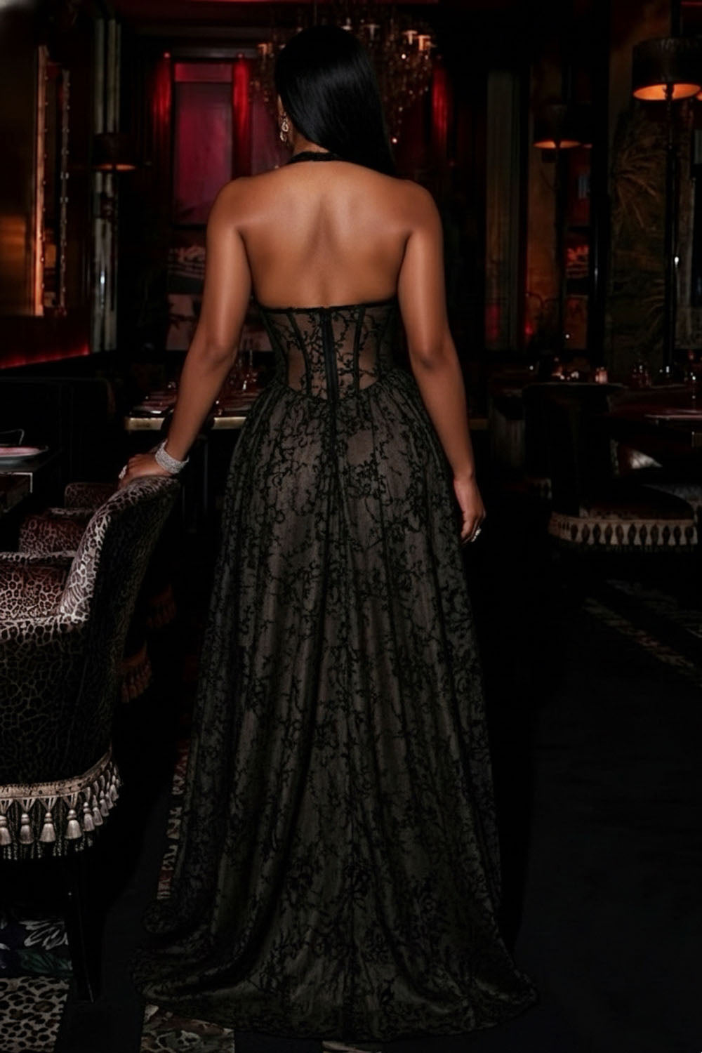 Halter Backless Semi-Sheer Lace Slit Party Maxi Dresses-Black
