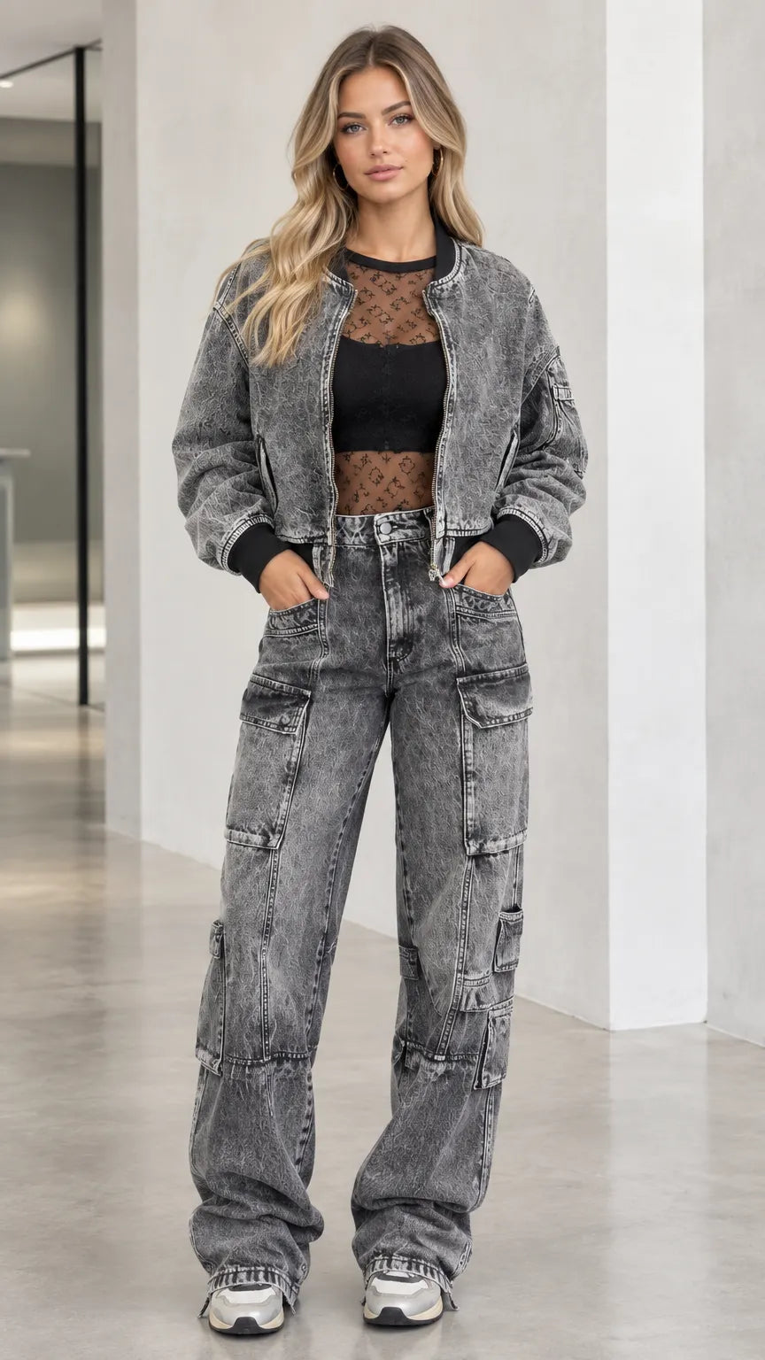 Washed Denim Bomber Jacket and Wide Leg Cargo Pants Two-Piece Set