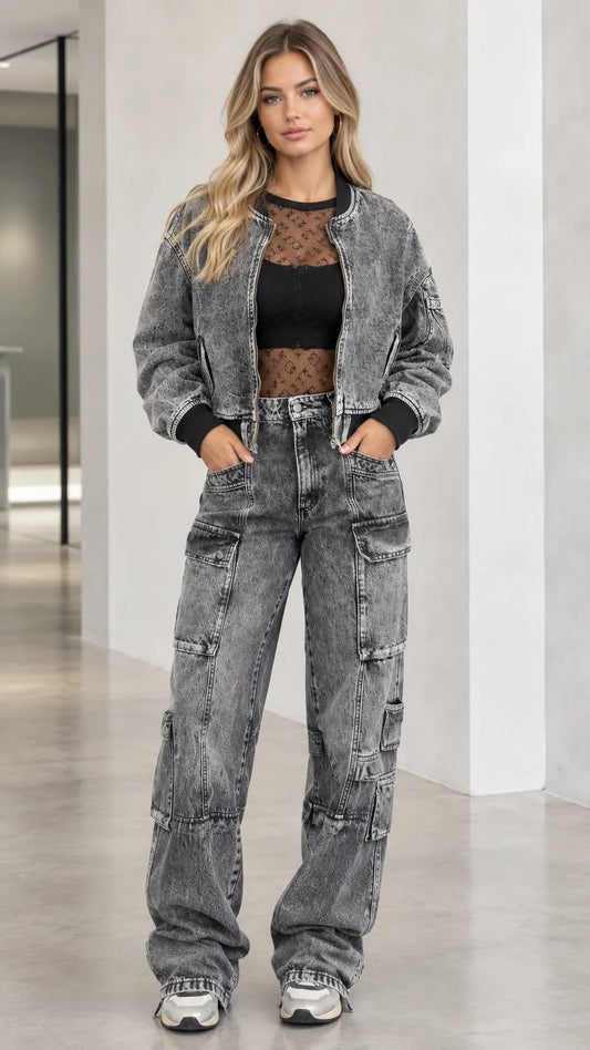 Washed Denim Bomber Jacket and Wide Leg Cargo Pants Two-Piece Set