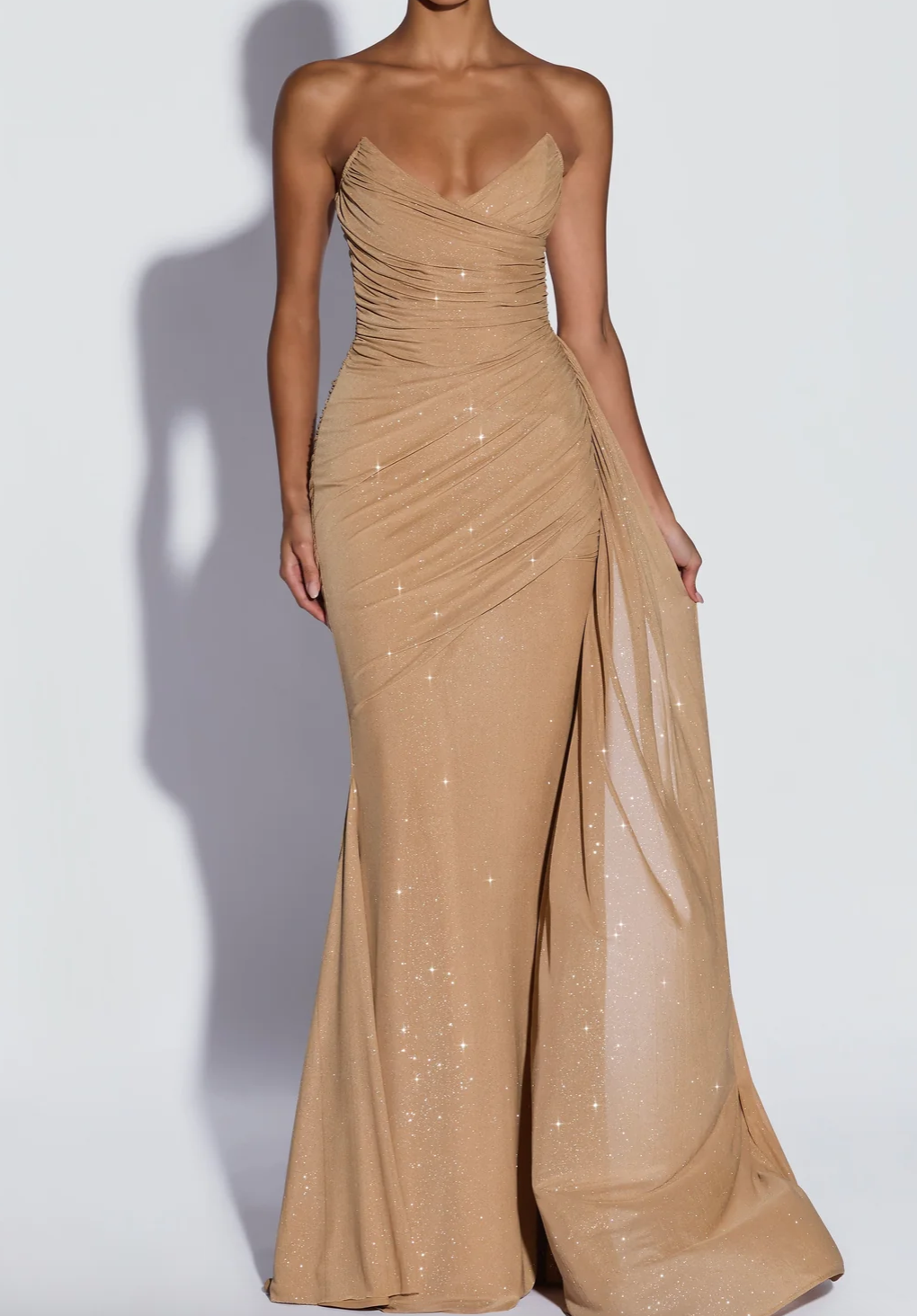 Nude Sequin Strapless Formal Maxi Dress Collection - Ruched & Draped Evening Gowns for Women