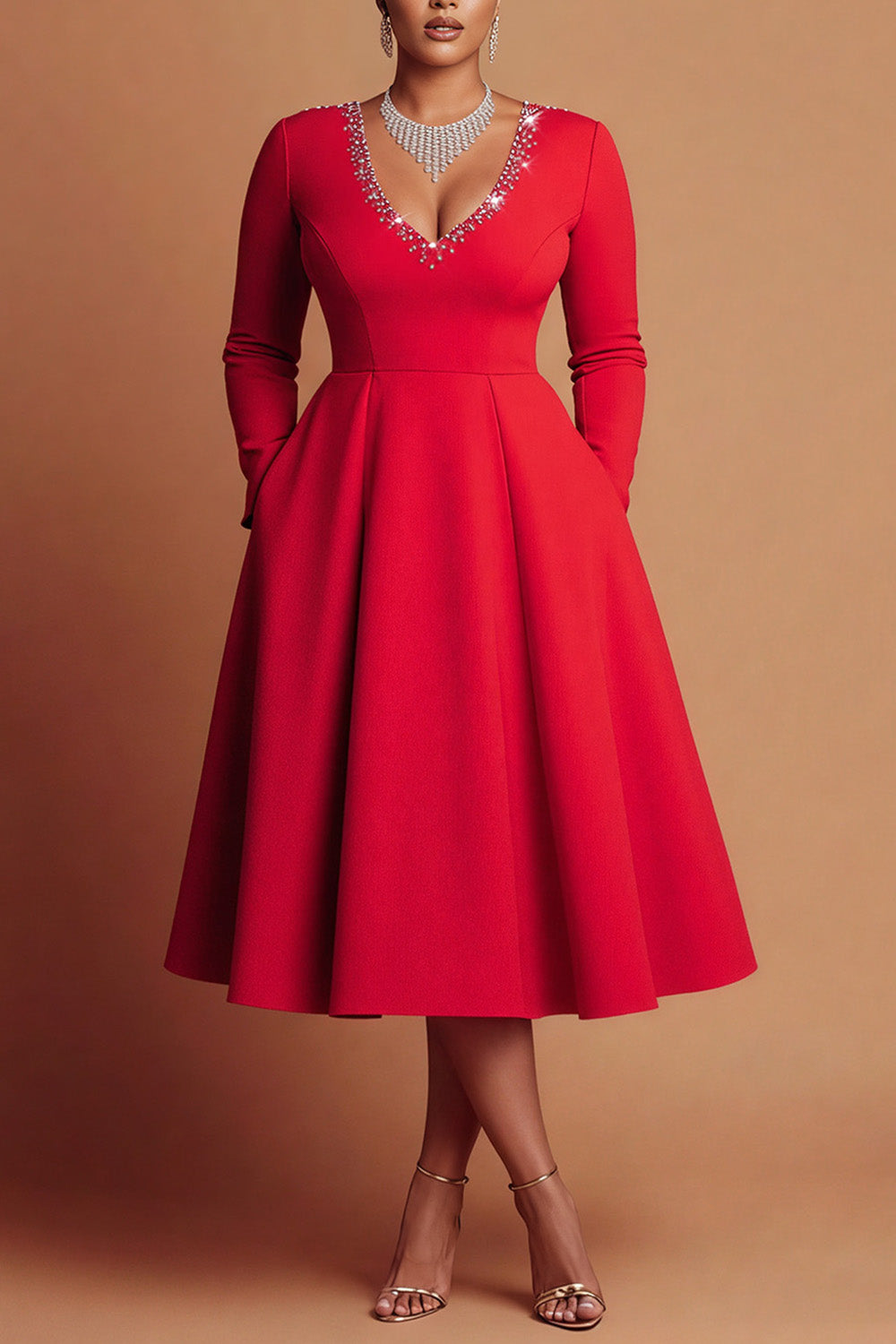 Cocktail Party Red V Neck Long Sleeve Pocket Elegant Drilling Midi Dresses