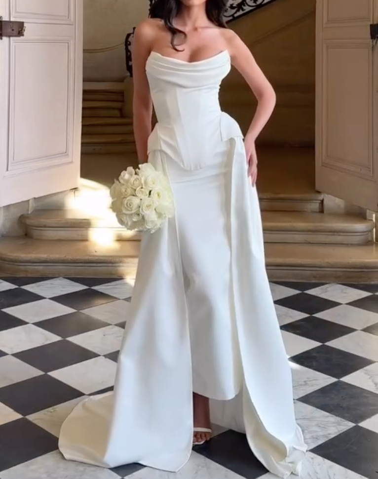 White Strapless Cowl Neck Corset Waist Overlay Skirt Mermaid Wedding Dress