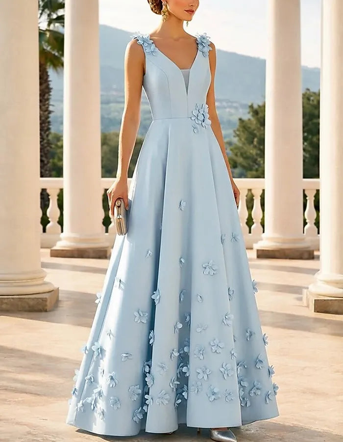 Satin V-Neck 3D Floral A-Line Maxi Dress