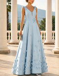 Satin V-Neck 3D Floral A-Line Maxi Dress