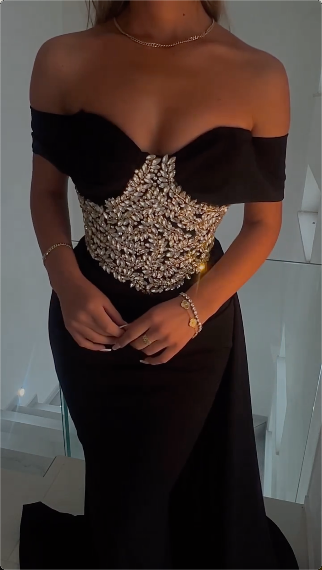 Opulent Black Off-Shoulder Mermaid Maxi Dress with Crystal Leaf Appliqué Corset