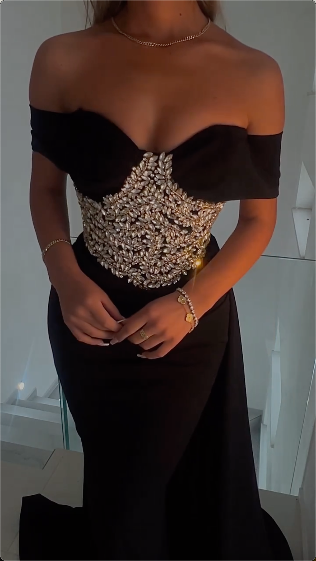 Opulent Black Off-Shoulder Mermaid Maxi Dress with Crystal Leaf Appliqué Corset
